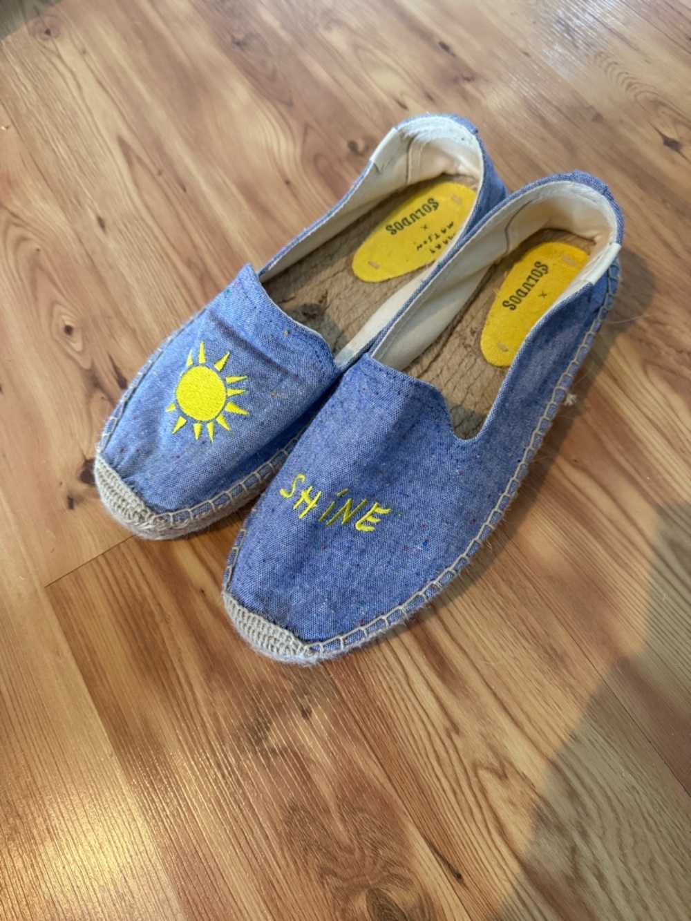 NWOT Chambray 'Sun Shine' Espadrilles with Yellow Embroidery
